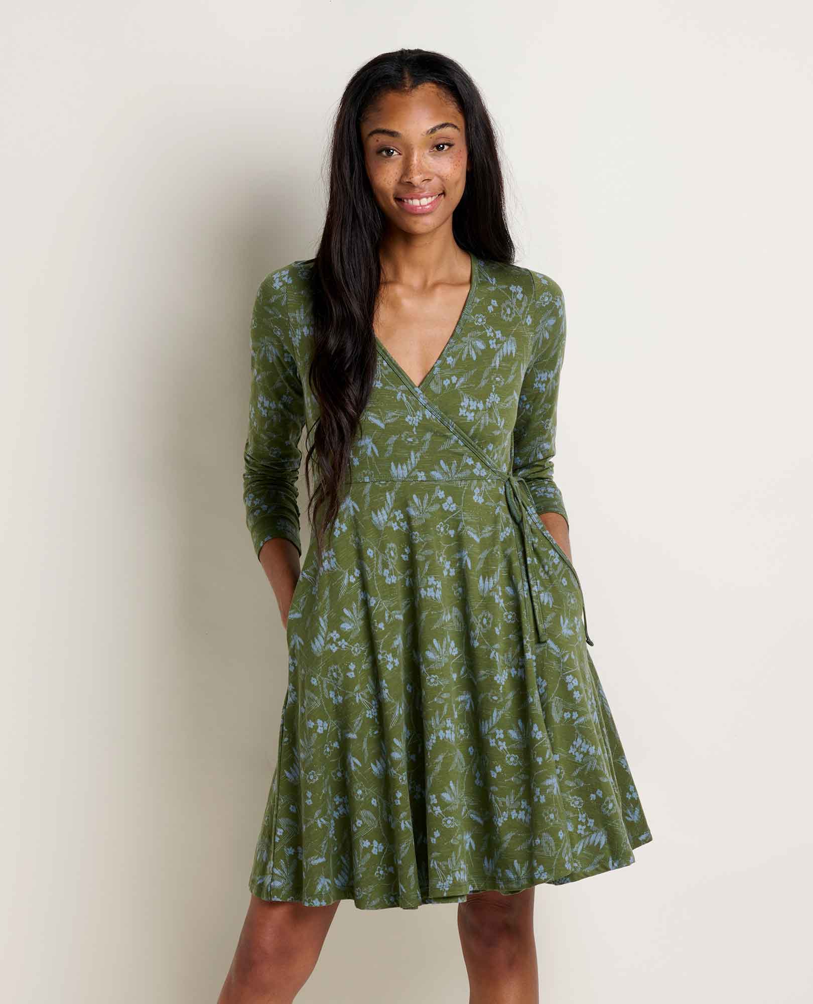 freesia long sleeve wrap dress reviews Freesia Long Sleeve Wrap Dress Chive Sketch Print / XL
